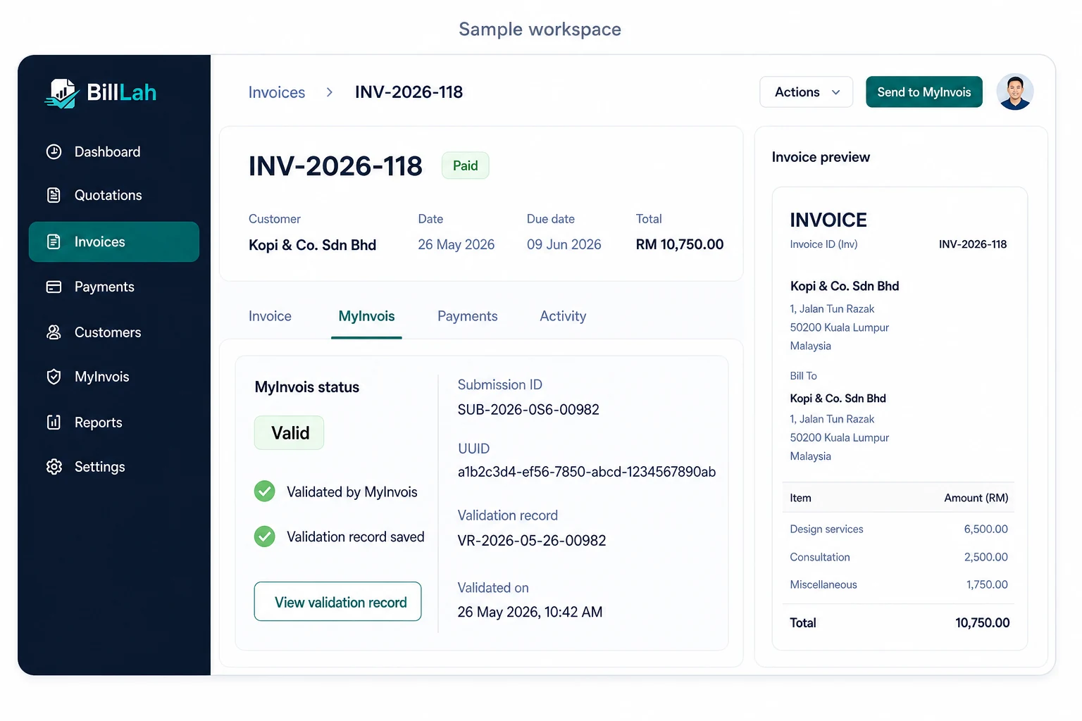 BillLah sample workspace showing an invoice, a valid MyInvois validation state, and an invoice preview
